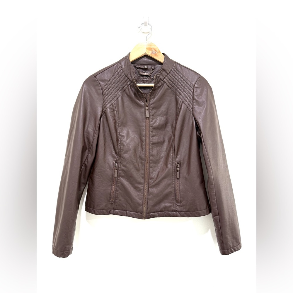 JouJou Women’s Brown Faux Leather Moto Zipper Long Sleeve Jacket Size Large